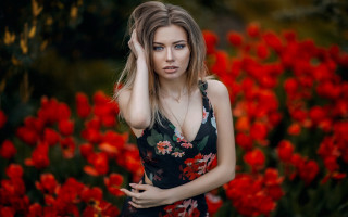 Woman floral dress field red - floral free wallpaper