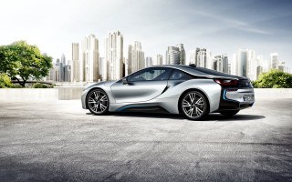 Silver bmw concept city skyline - skyscraper free wallpaper