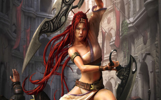 Red haired woman sword ruins 2 - red hair holding free wallpaper