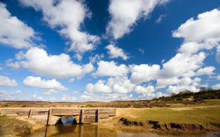 Bridge water clouds grassy landscape - a grassy area free wallpaper