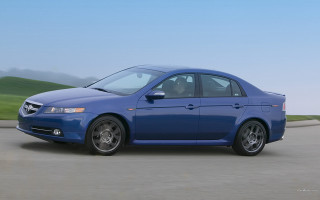 Blue car driving road green - f 8 aperture free wallpaper