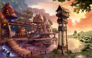 Bridge tower river cityscape fantasy - league of legends concept art free wallpaper