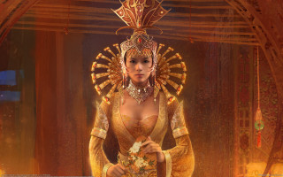 Golden costumed woman with flower - a bouquet of flowers free wallpaper