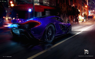 Purple sports car night cityscape - a city street free wallpaper