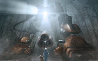 Man giant robot forest light - mecha free wallpaper