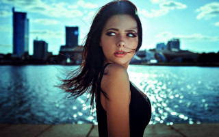 Woman long hair cityscape blue - photorealistic free wallpaper for desktop