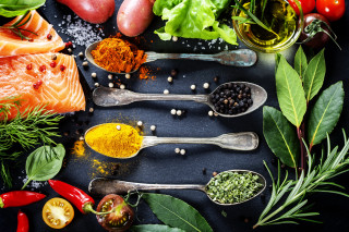Spices vegetables table black background - a black border free wallpaper
