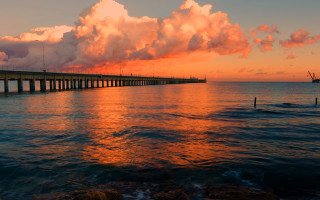 Bridge sunset water boat city - colorful cloud free wallpaper