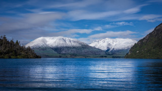 Lake mountains clouds trees sky - regionalism free wallpaper for desktop