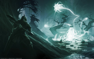 Glowing man dark forest magic - his body free wallpaper