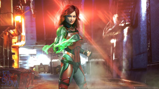 Futuristic suit woman alley neon - a red light behind her free wallpaper
