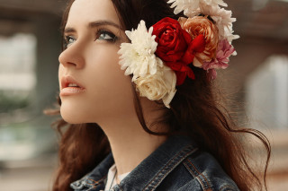 Woman flowers denim jacket portrait - flower free wallpaper