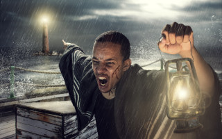 Man lantern rain lighthouse boat - cinematic free wallpaper for desktop