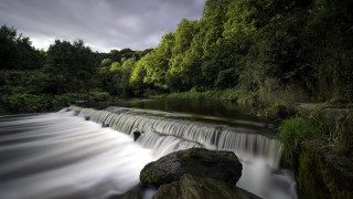 River waterfall forest mountains cloudy - a dark sky above free wallpaper