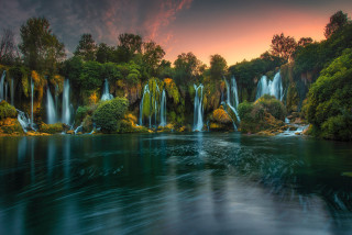 Waterfall river trees sunset pink - a river free wallpaper for desktop