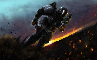 Space suit flying fire weapon - mass effect free wallpaper