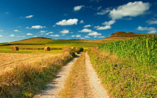 Dirt road field haybales blue - a dirt road in a field free wallpaper