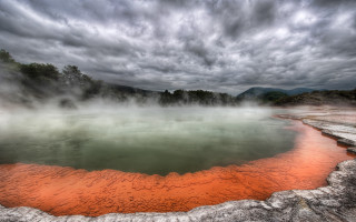 Ocean cloudy sky mountains red - a red substance free wallpaper