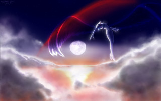 Woman flying clouds rainbow fullmoon - full free wallpaper