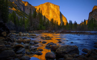River rocks trees sunset mountain - a mountain in the distance free wallpaper