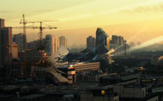 City skyline construction crane yellow - a yellow sky free wallpaper