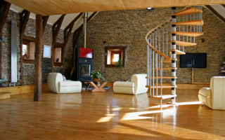 Livingroom spiralstaircase couch chair television 2 - a television free wallpaper