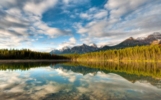 Lake mountains trees cloudy sky 45 - mountain and trees under a cloudy sky free wallpaper