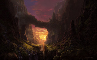 Cave waterfall sunset fantasy matte - christophe vacher free wallpaper