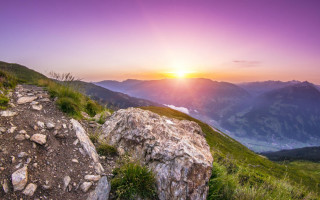 Mountain trail sunset rock outcrop - a matte painting free wallpaper for desktop