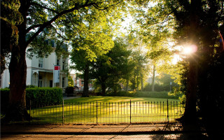 Gated grassy trees house autumn - a house in the background free wallpaper