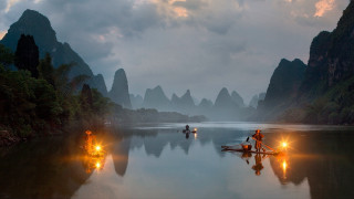Lake mountains night fire embers - a matte painting free wallpaper for desktop