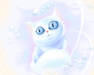 White cat blue eyes bubbles - a white swirl free wallpaper
