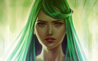 Woman green hair green dress 2 - a painting of a woman free wallpaper