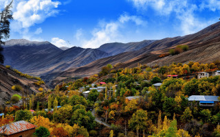 Mountain town autumn blue sky - qajar art free wallpaper