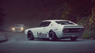White car night road forest - matte drawing free wallpaper