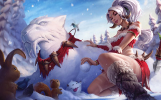 Woman red dress snow wolf - dom qwek free wallpaper