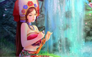 Woman red dress waterfall bird - digital painting free wallpaper