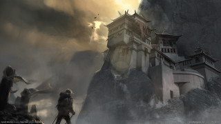 Castle mountain man bird cloud - a painting of a castle free wallpaper