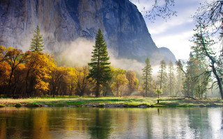 River mountain forest lake sunset - foggy free wallpaper