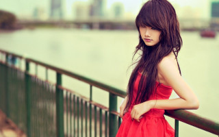 Woman red dress railing water - near free wallpaper for desktop