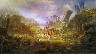 Fantasy ruins bridge cityscape clouds - a rocky area free wallpaper