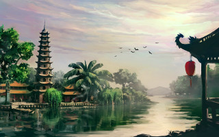 Pagoda lake birds fantasy matte - cyril rolando free wallpaper