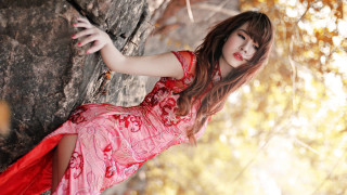 Woman red dress rock wall - the wind free wallpaper
