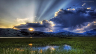 Lake mountain field sunset sky - crepuscular ray free wallpaper