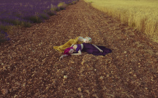 Wheat field dreamlike blonde girls - a purple sky in the background free wallpaper