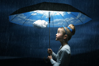 Girl umbrella rain cloud sky - a surrealist painting free wallpaper