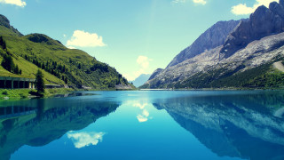 Lake mountains road sky clouds 2 - a sky background free wallpaper for desktop