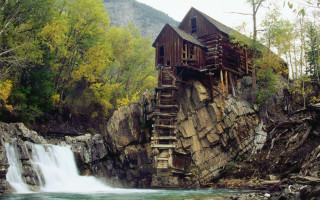 Waterfall wooden structure ecological art - andy goldsworthy free wallpaper