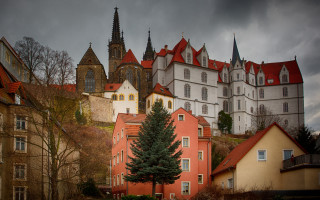 Large building red roof tree - cloudy free wallpaper