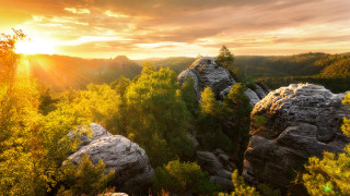 Mountain forest sunset fire ruins - german romanticism free wallpaper